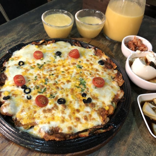 Cheese Kimchi pancake and mango Makgeolli