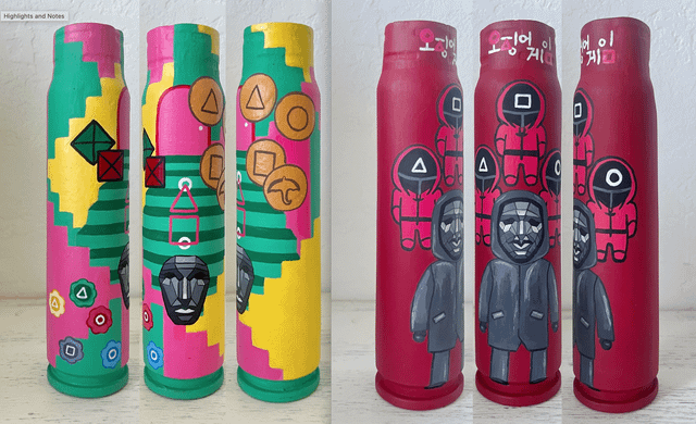 Squid Game fan art painted on 30mm artillery shells by Ukrainian artist.