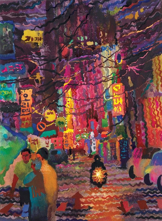 Myeongdong night market in Seoul, 37 x 27 cm, watercolor, 2025