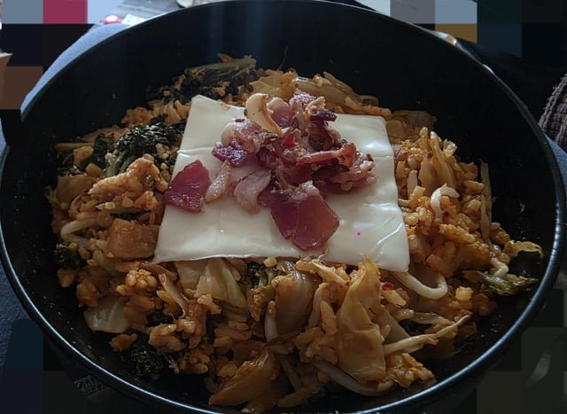 Ode to I’taewon and their cheese ramyun! This is kimchi fried rice with a Swiss cheese slice and bacon.