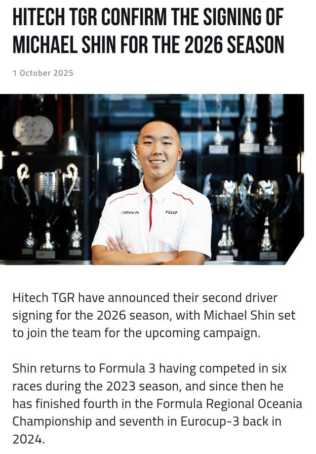 Micheal Shin (신우현), signs a full-season contract with Hitech TGR for 2026 F3 season.