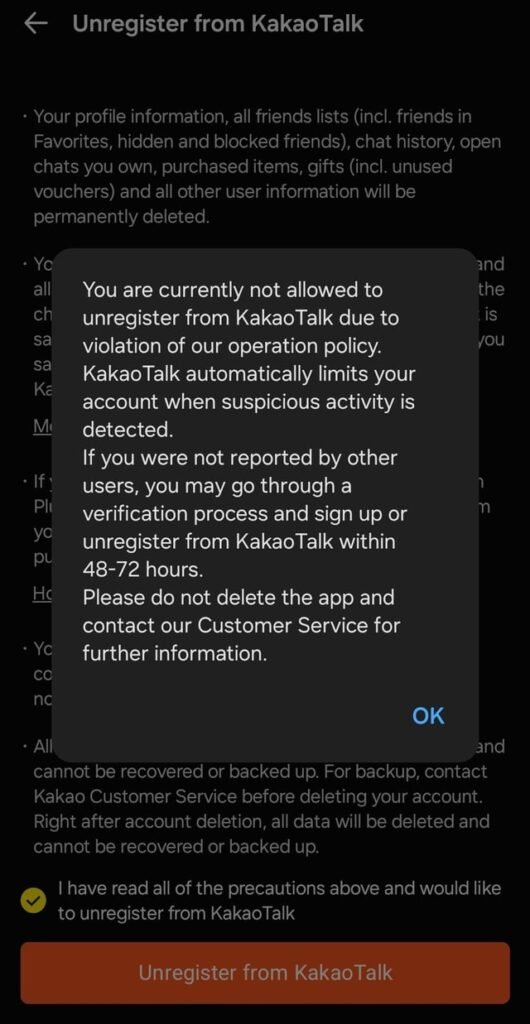 Kakaotalk won’t let me unregister