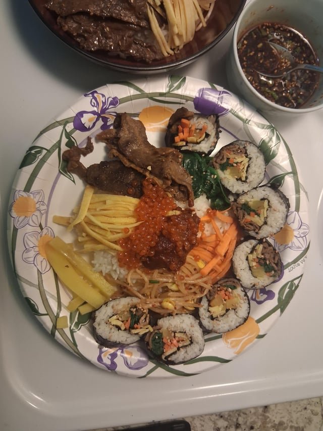 First time in 10 years making gimbap, then decided to use leftover ingredients to make “deconstructed” bibimbap.