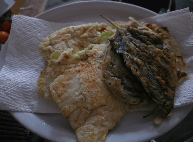 I wasn’t going to post my jeon because I didn’t make much, but the batter was so light and crispy (in comments). It’s napa cabbage and perilla leaf.