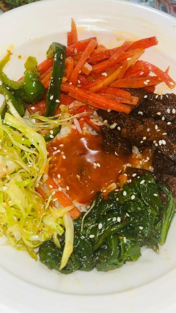 Made bibimbap for the first time with gochujang + peanut butter -surprisingly good