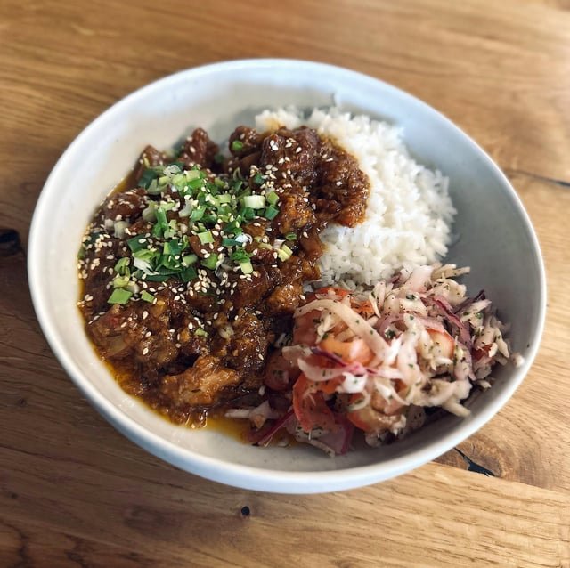 Pork belly with rice and salad