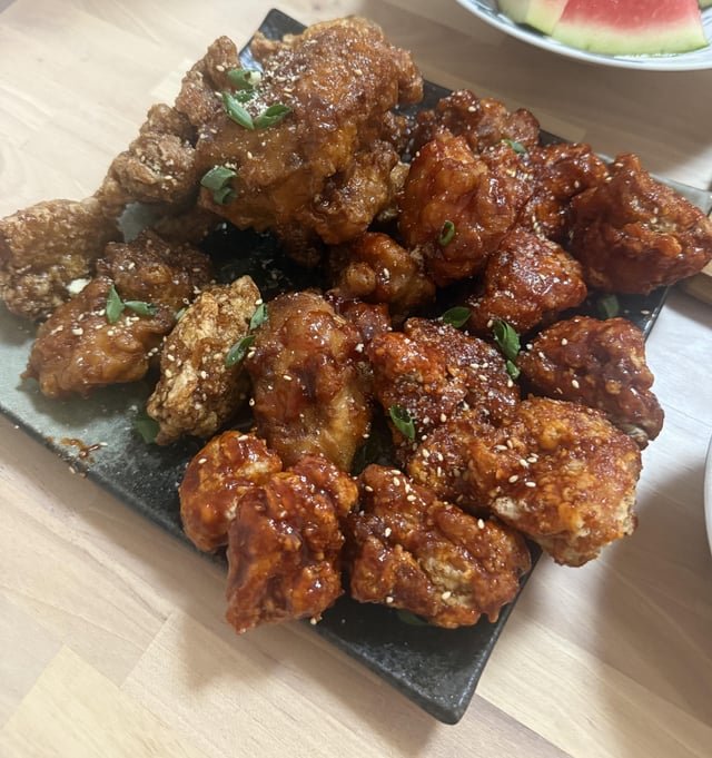 First time Korean fried chicken! Garlic soy and classic red