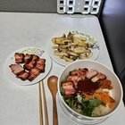 Bibimbap made with a ready-made kit and extra smoked pork belly