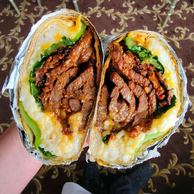 Bulgogi burrito with bok choy, rice, and cheese. We call it the “Korrito”.