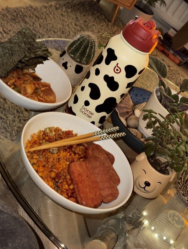 Sticky Spam on gochujang bulgur with mixed veg, homemade kimchi & seaweed. 10/10