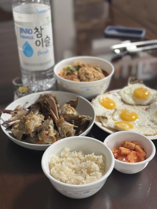 Soy sauce marinated crab (ganjang gejang) with fried egg