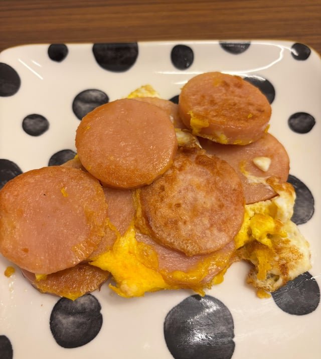 Pink sausage with egg