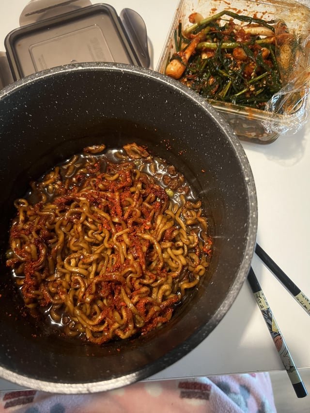 Trust me: Chapagetti + green onion kimchi is insane