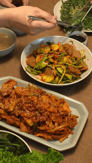 Spicy Pork, Dotori-muk Salad, Chive Pancakes, and Beef Radish Soup – I made a video of the whole process!
