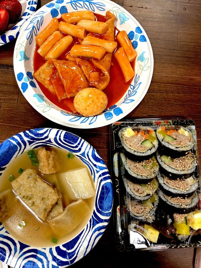 Tteokbokki, gimbap, and fish cake soup. Peak Korean comfort food.