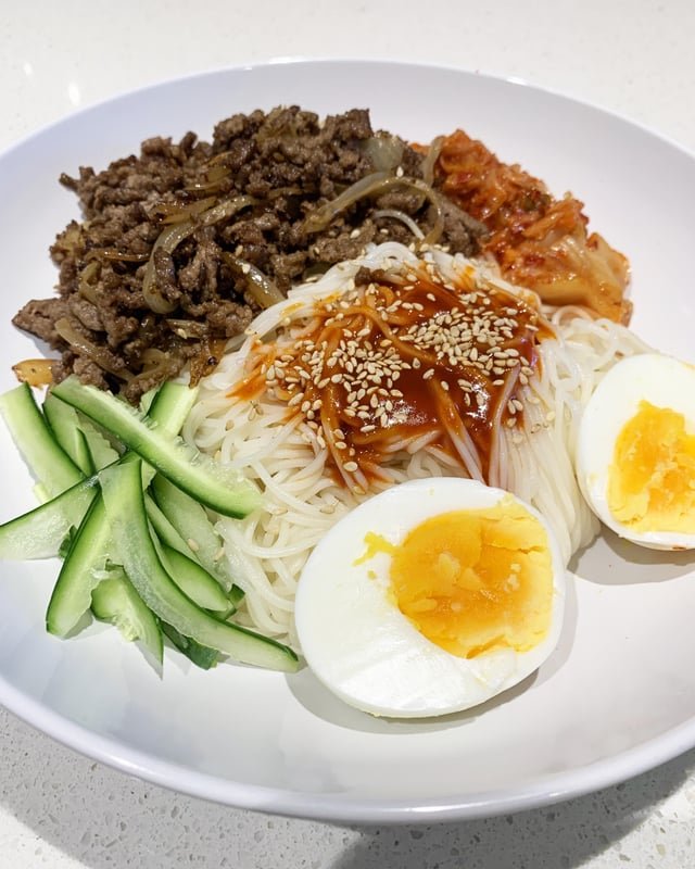 Korean Sweet Soy Beef Mixed Noodles with Chili Sauce & Boiled Egg
