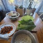 Ssam containing beef, pork, tofu, mushrooms with doenjang, gochujang, garlic and onions. The green bean banchan was just done with gochugaru, garlic, and a splash of soy sauce and fish sauce.