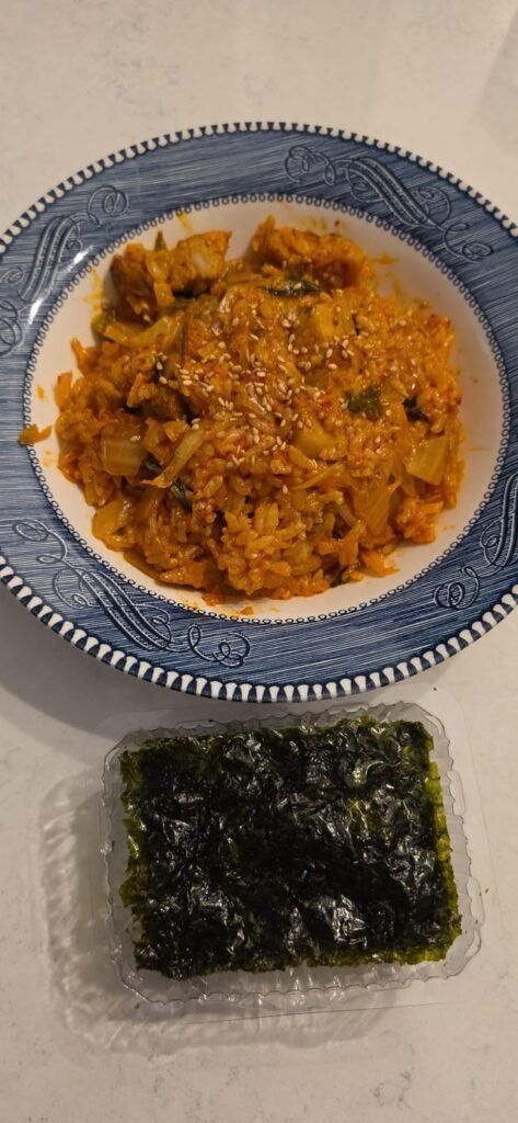 Kimchi pork belly fried rice with gim