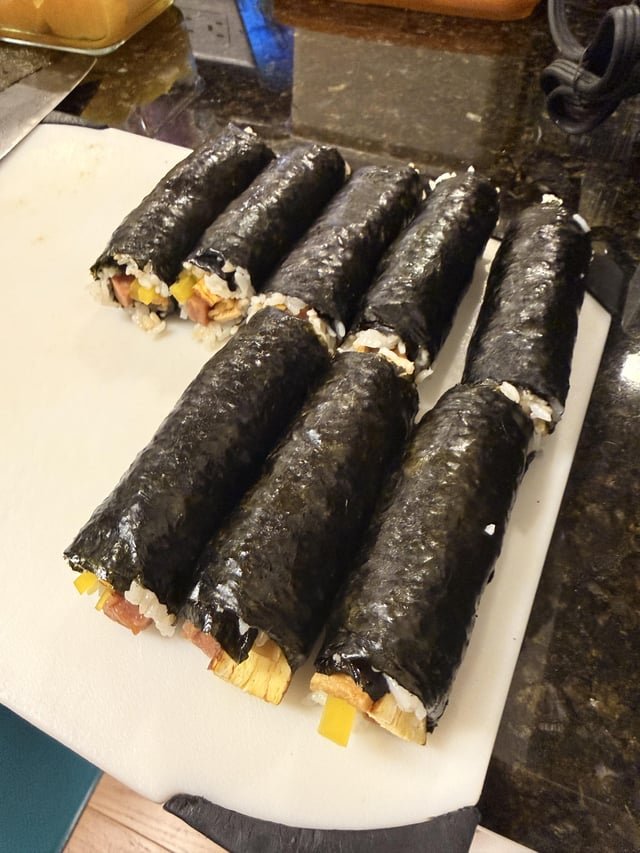 My very first time making kimbap! They aren’t perfectly uniform, but they smell amazing.