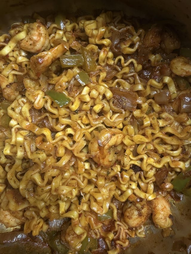 Buldak Carbonara, sautéed green peppers & échalotes, and garlic shrimp