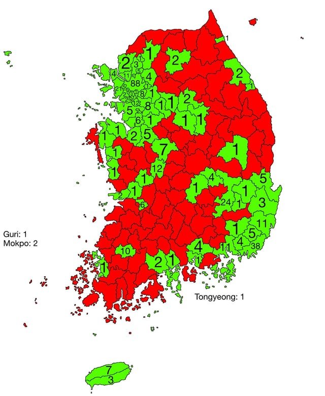 Map of Korea where McDonalds location are located throughout Korea.