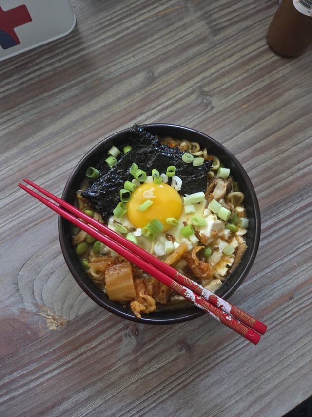 Ramyun with Kimchi, Shiitake, Silken Tofu, Edamame, Nori, Cheese and Egg