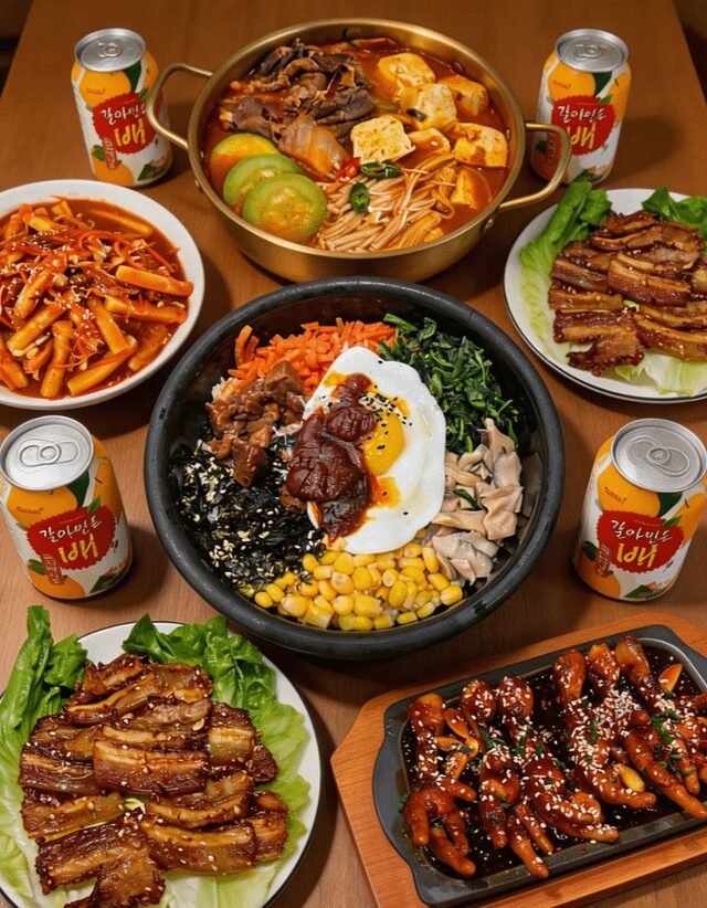 Such an amazing feast. Bibimbap, hot pot, grilled pork belly, spicy rice cakes and spicy chicken feet. Perfect mix of savory and spicy flavors.