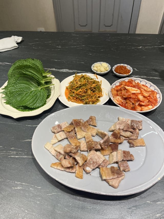 Meal 2 of finishing our 10 kg of kimchi: pork belly